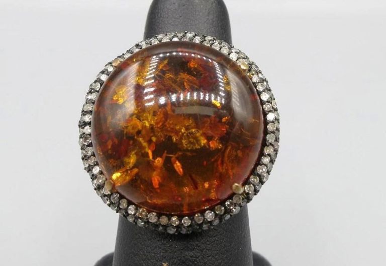 14k gold and silver diamond and amber ring