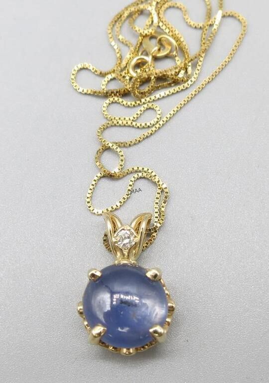 14k yellow gold diamond and sapphire pendant on necklace