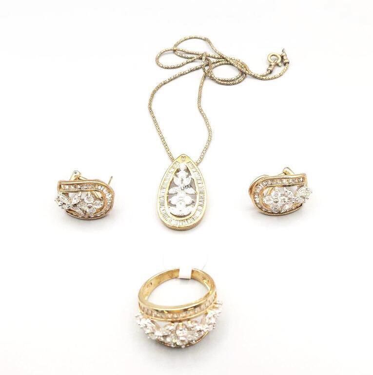 Cubic zirconia earrings, ring and pendant necklace
