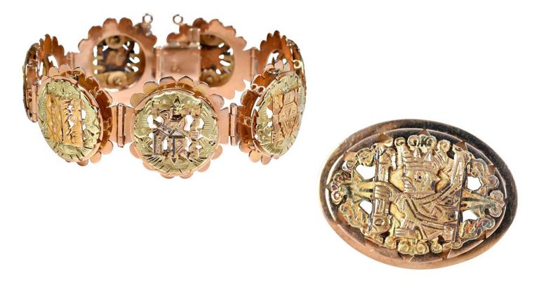 18k gold Aztec motif brooch and bracelet