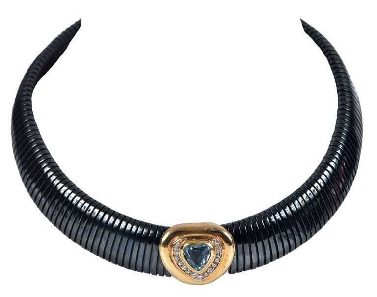 18k gold blue topaz and diamond tubogas necklace