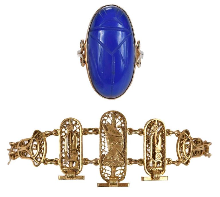 18k gold Egyptian bracelet and 14k lapis scarab ring