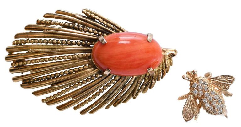 14k gold diamond and coral brooches