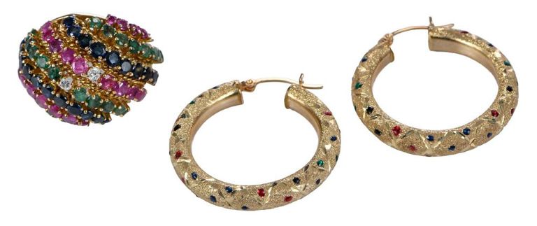 14k gold cocktail ring and hoop earrings