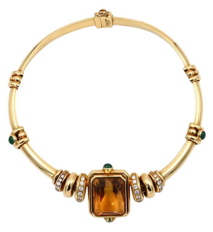 18k yellow gold citrine, diamond and green stone necklace