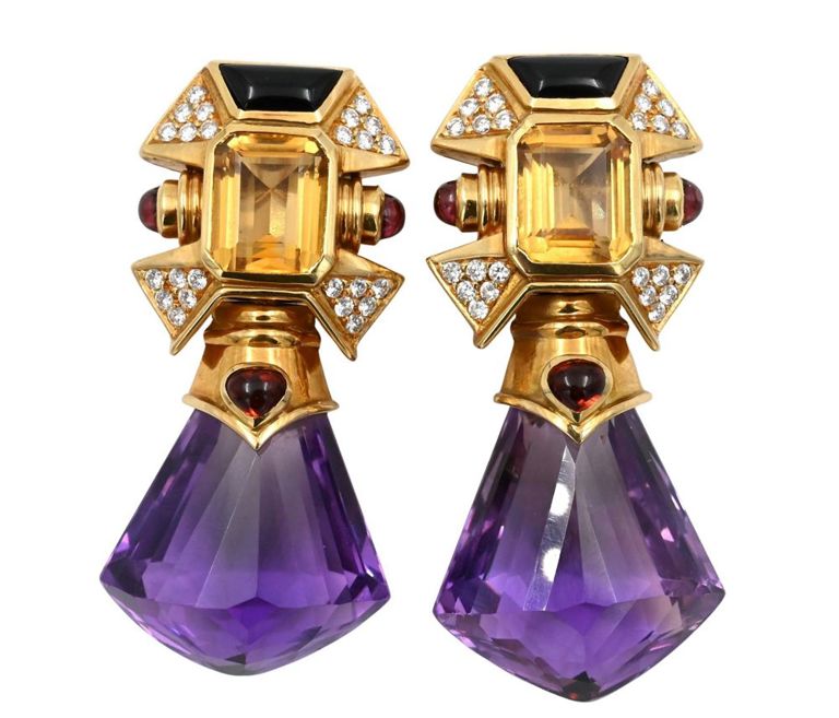 18k yellow gold multi-colored gemstone earrings