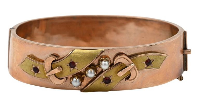 14k rose gold and yellow gold pearl and red stone bracelet