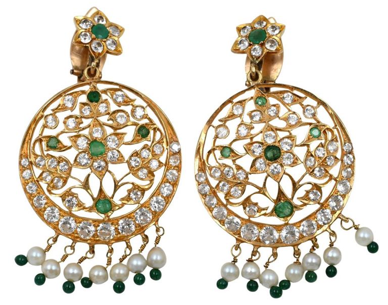14k yellow gold diamond, emerald, pearl and green stone earrings