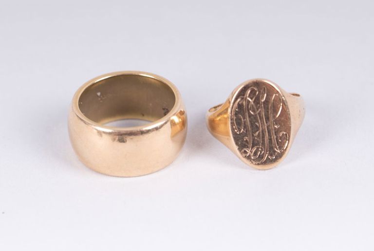 14k gold band and 10k signet ring