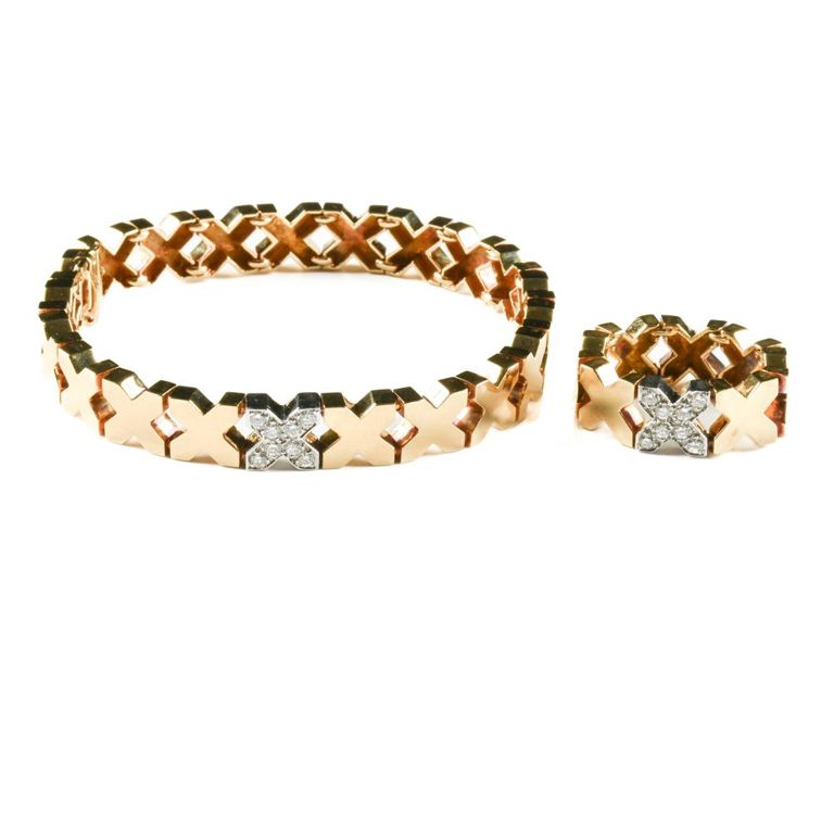 18k gold diamond X bracelet and ring set
