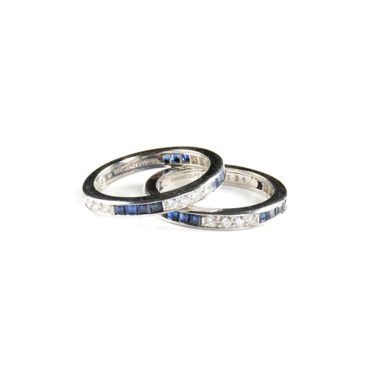 Platinum diamond sapphire eternity bands