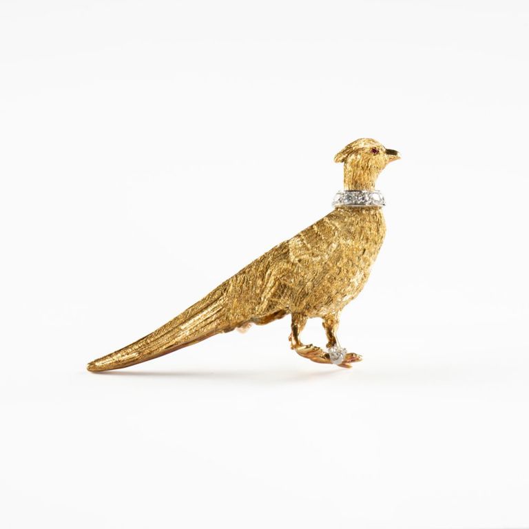 18k gold diamond ruby pheasant brooch