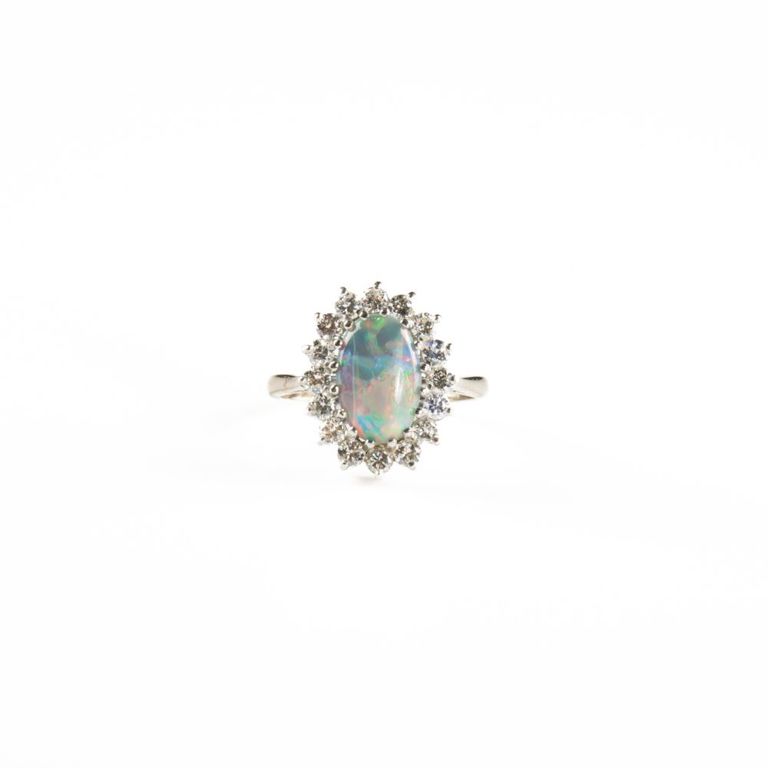 Platinum black opal diamond ring