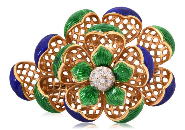 18k yellow gold enamel and diamond brooch