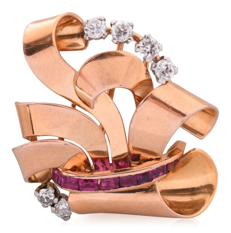 18k rose gold ruby diamond brooch