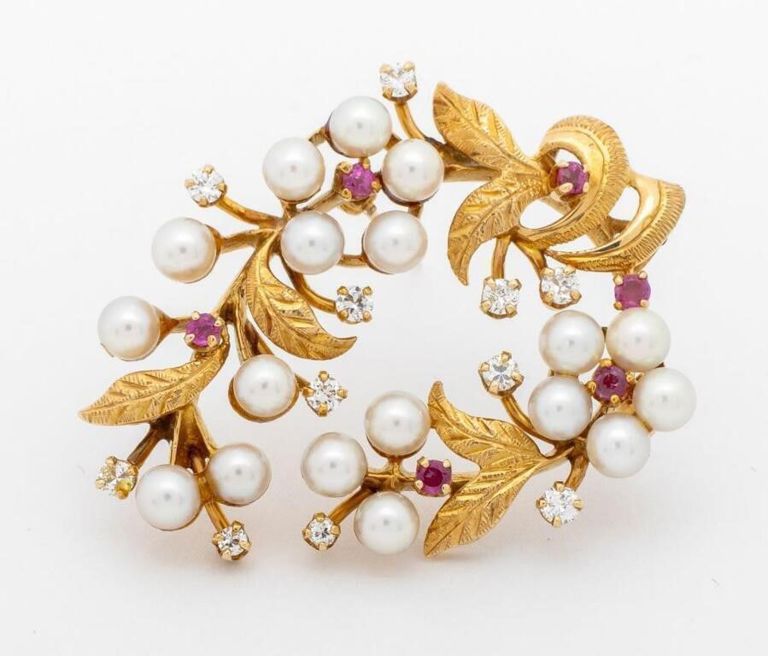 14k gold pearl ruby diamond floral brooch