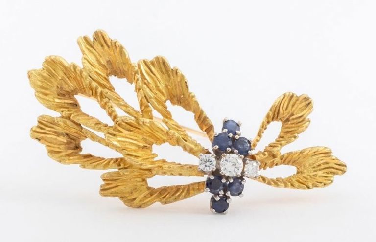 18k gold diamond sapphire floral brooch