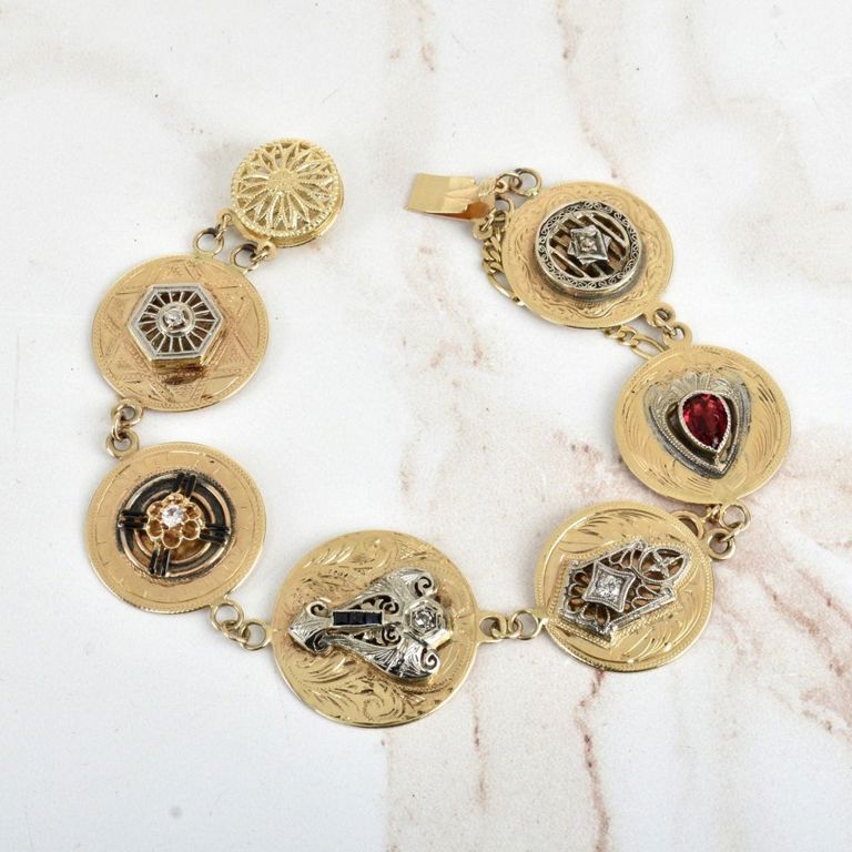 14k yellow gold diamond and gemstone link bracelet