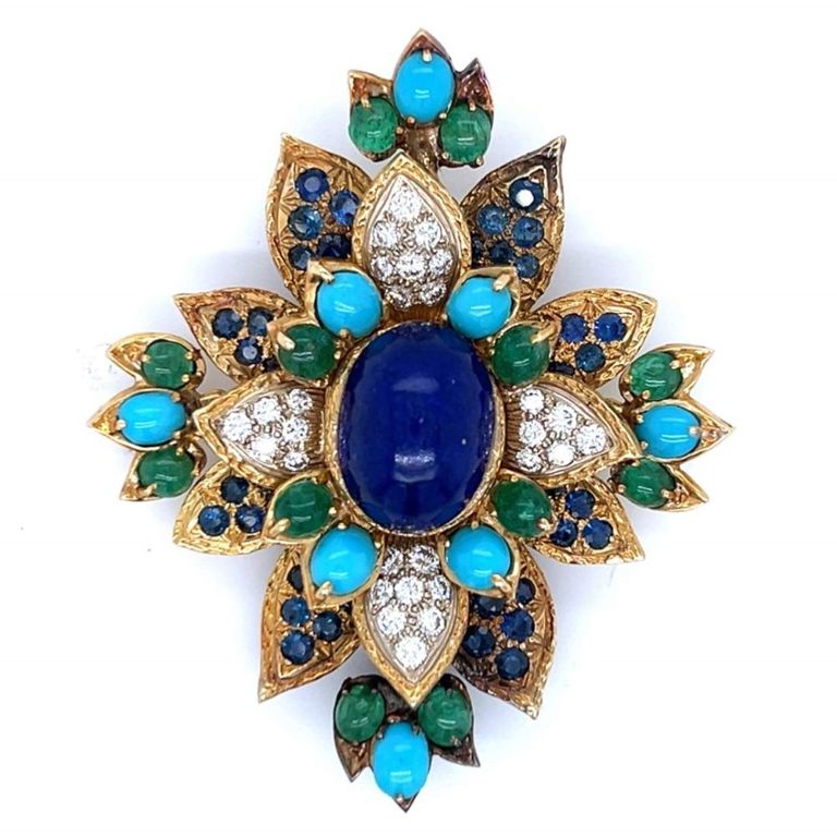 18k yellow gold gemstone and diamond brooch