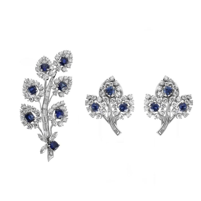 Platinum sapphire and diamond brooch and matching earrings