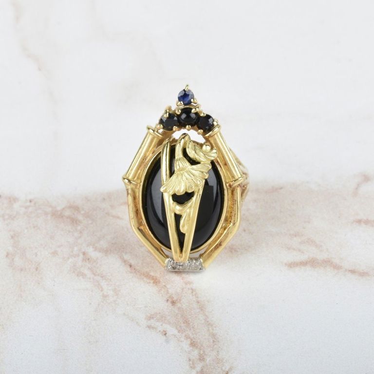 14k yellow and white gold onyx and sapphire ring