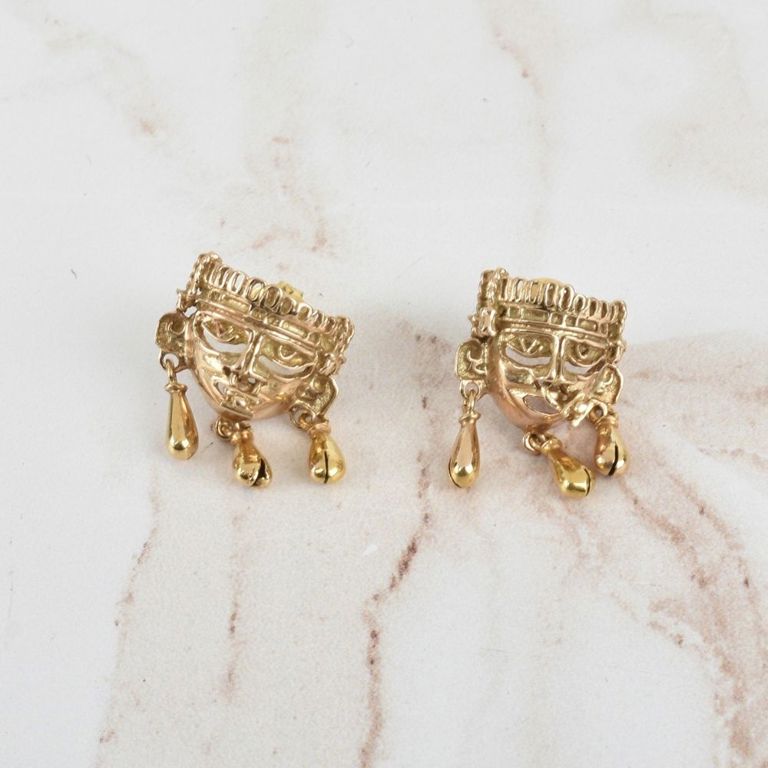 14k yellow gold Mayan mask earrings