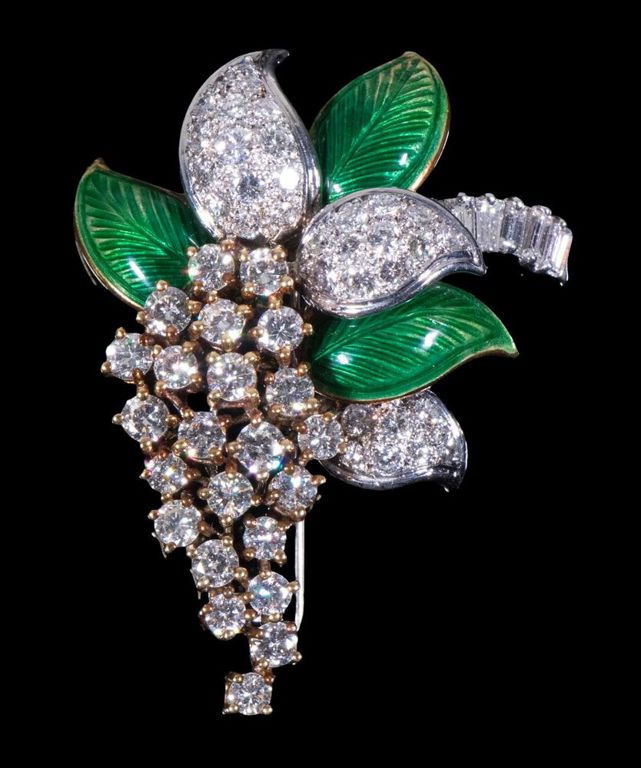 18k yellow and white gold enamel and diamond brooch