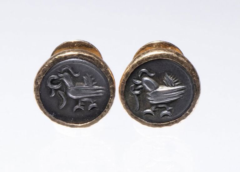 Silver coins in 18k gold stud earrings