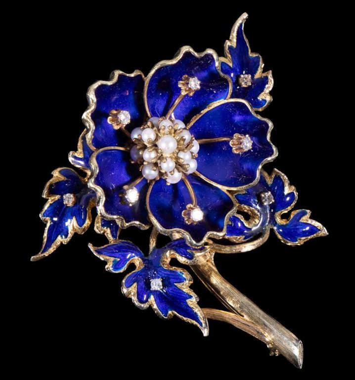 Yellow gold enamel, diamond and pearl brooch