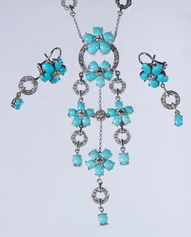18k white gold turquoise and diamond jewelry set