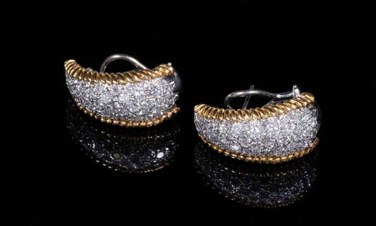 14k white and yellow gold diamond half hoop earrings