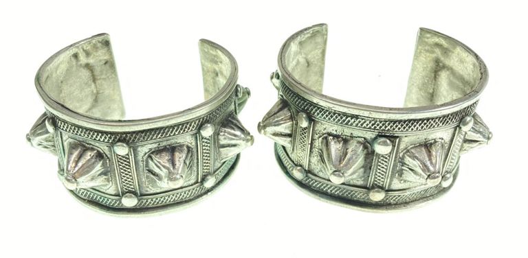 Pair Egyptian silver spike cuff bracelets