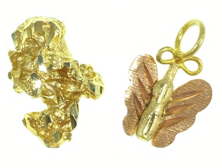 Pair 14k gold butterfly and nugget pendants