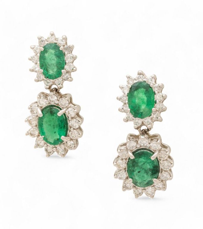 14k white gold emerald and diamond earrings