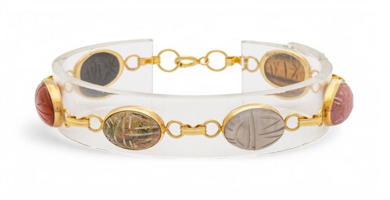 14k gold carved stone scarab bracelet