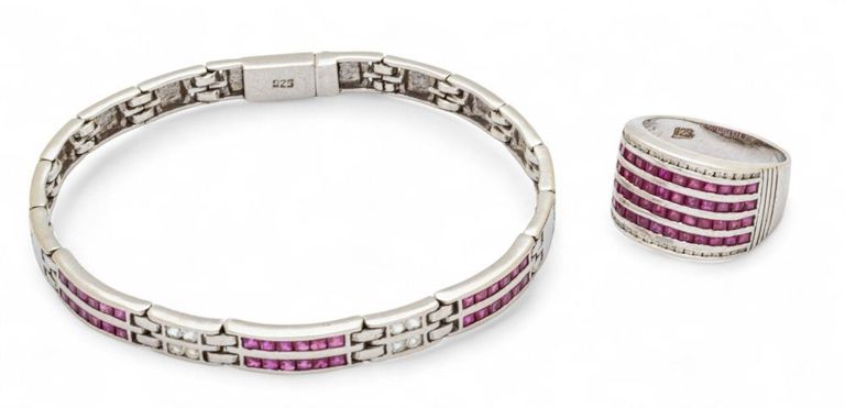 Sterling silver ruby and diamond bracelet and ring set