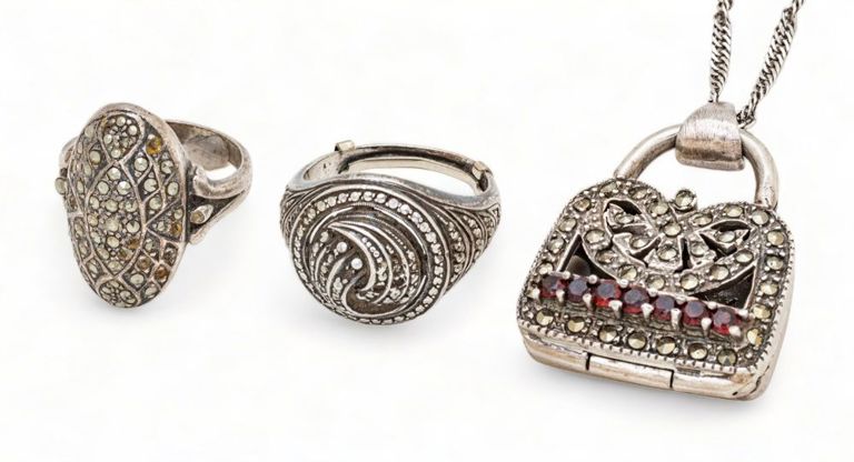 Sterling silver marcasite and garnet jewelry set