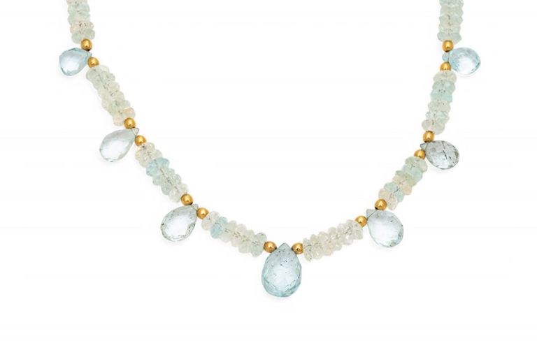 Aquamarine and 14k gold beaded necklace