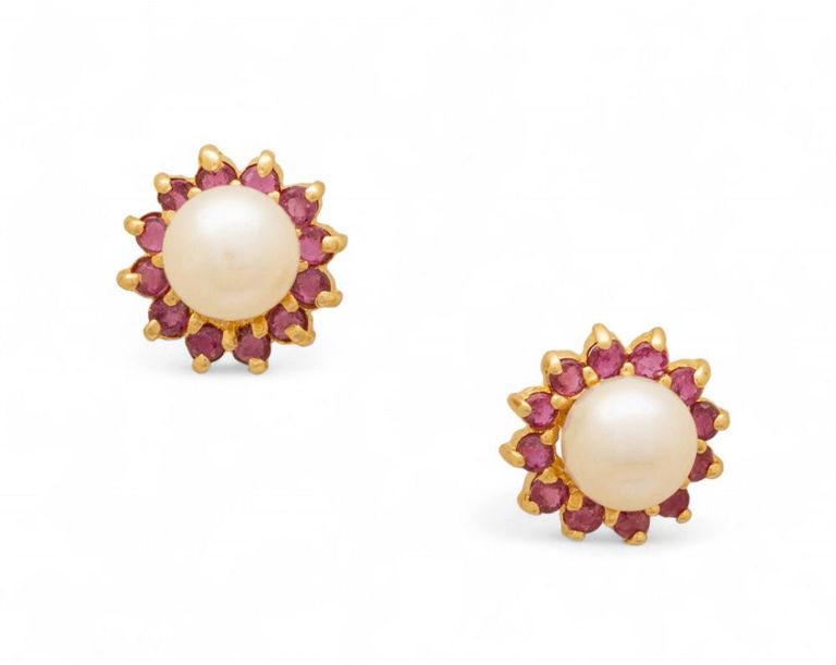 Pearl and ruby 14k gold earrings