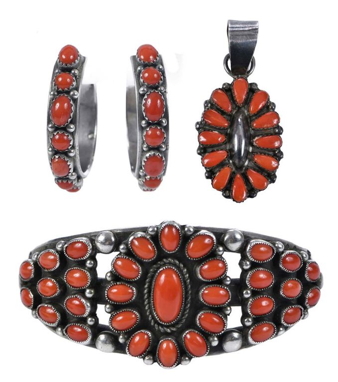 Sterling silver coral jewelry set