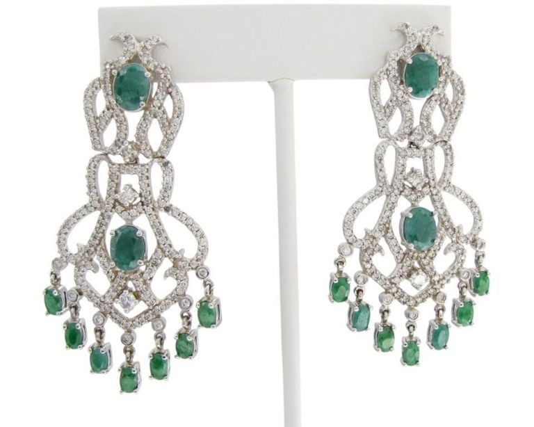 14k white gold emerald diamond chandelier earrings