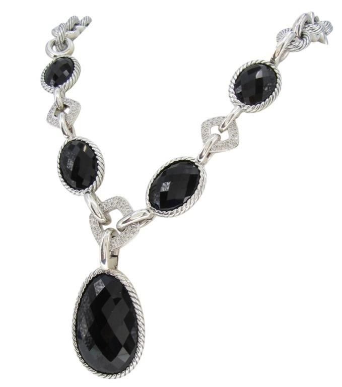 Sterling silver David Yurman onyx diamond necklace
