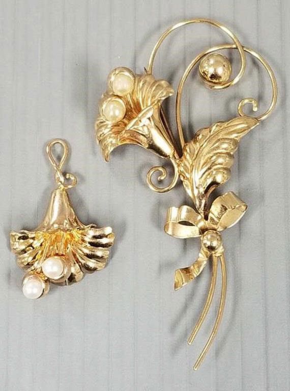 10k gold orchid brooch and pendant