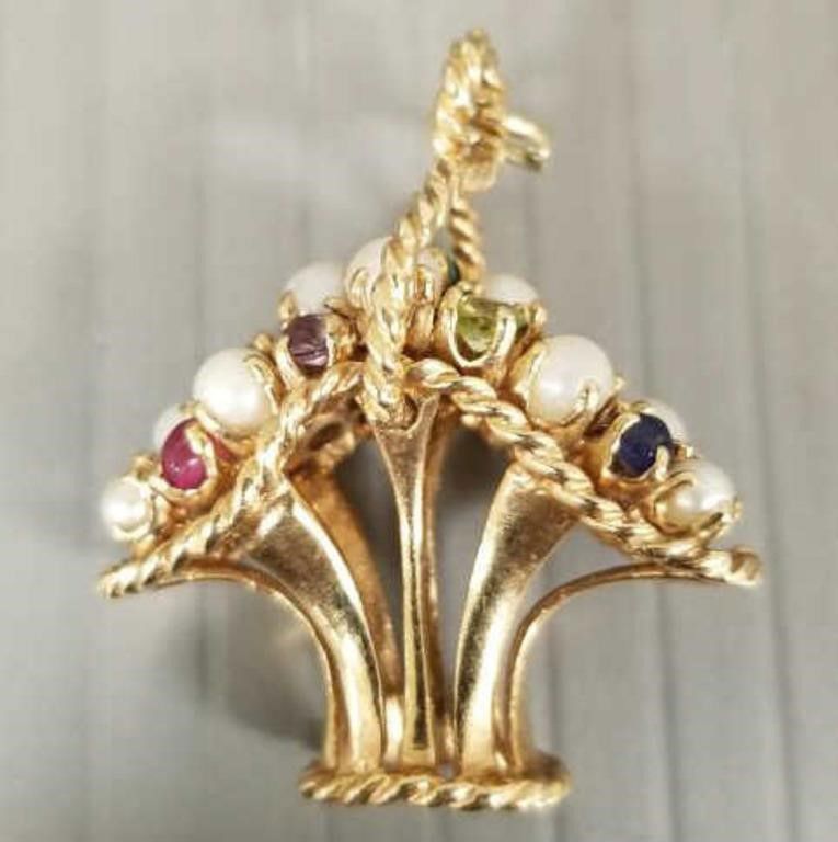 14k gold gemstone flower basket pendant