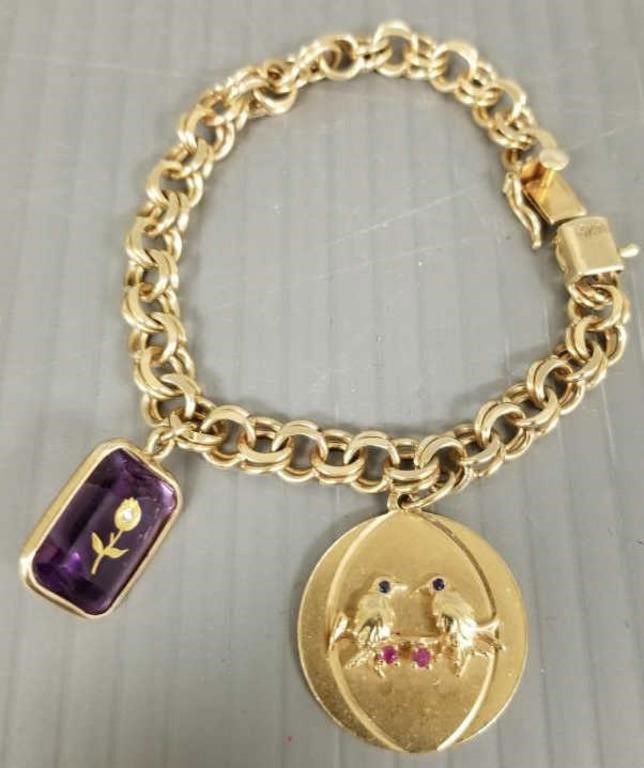 14k gold charm amethyst bracelet