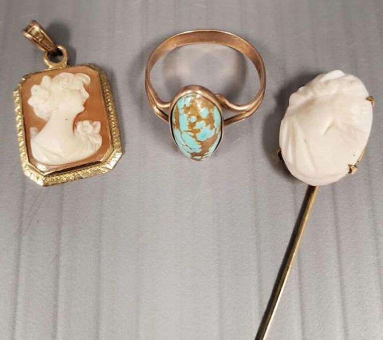 10k gold turquoise ring, cameo pendant, stickpin set