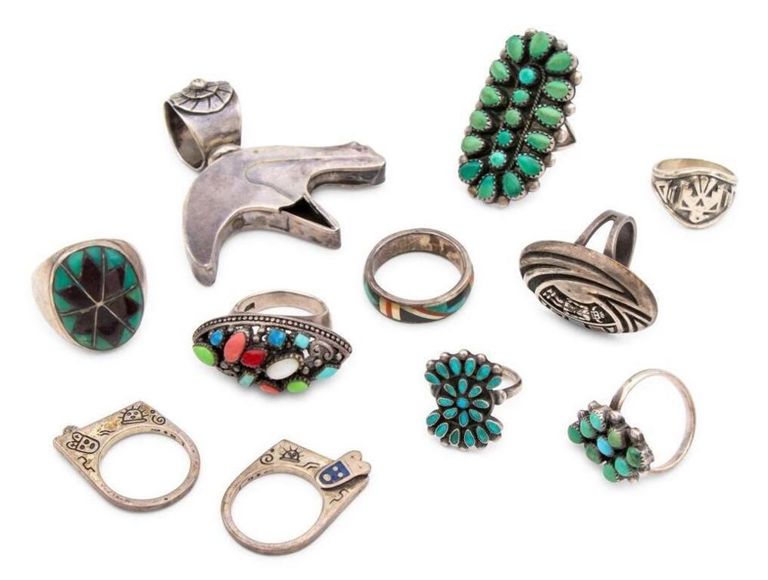 Native American silver rings and pendant set