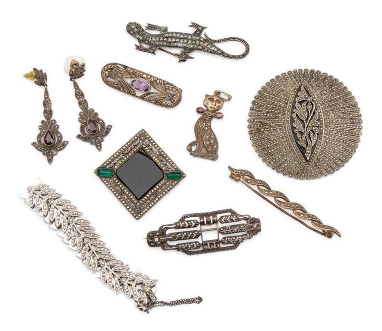 Art Deco 925 silver marcasite jewelry set