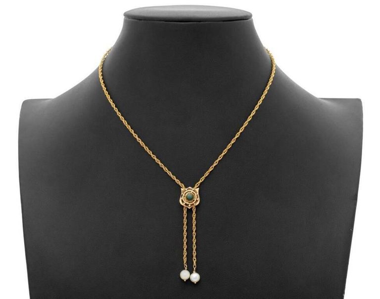 14k yellow gold and enamel lariat pearl necklace