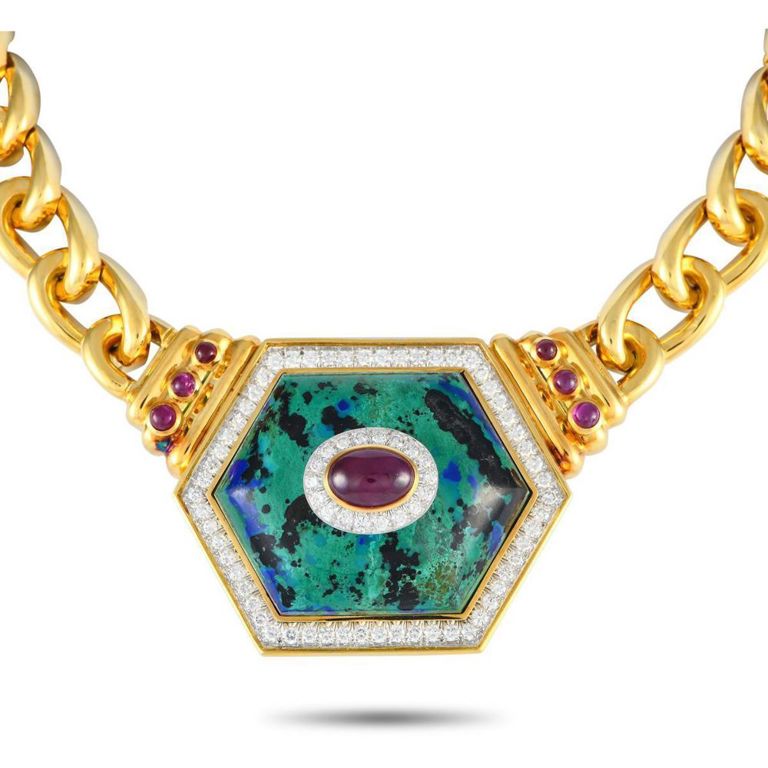 18k yellow gold diamond, azurmalachite and ruby statement necklace
